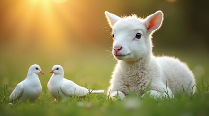 Obraz premium Close-up of a gentle white lamb resting on fresh grass, two doves beside it