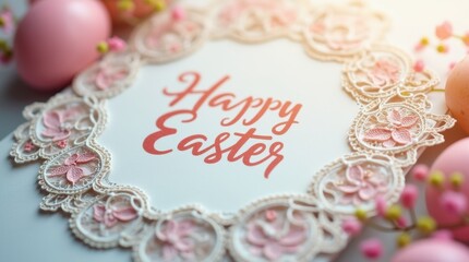 Close-up of a Happy Easter card with intricate lace details and floral patterns
