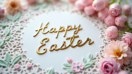 Close-up of a Happy Easter card with intricate lace details and floral patterns