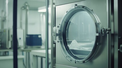 Industrial Washer with Transparent Door in a Modern Laundry Facility