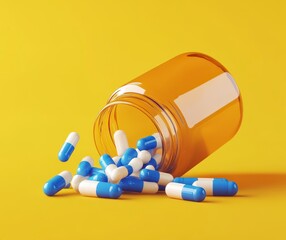 Spilled Blue and White Capsules from Amber Jar on Yellow Background