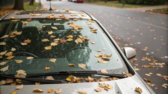 Overhead shot of a car windshield with fallen leaves covering the glass, road, foliage, falling leaves, leaf cover, travel