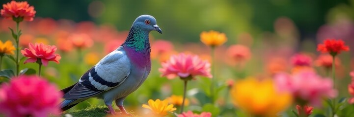 Serene archangel pigeon amidst vibrant blooms, colorful garden , painting, angel