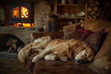 Obraz premium A golden retriever relaxing on a comfortable couch in front of a cozy fireplace, surrounded by warm and inviting home decor, creating a relaxing and peaceful atmosphere.