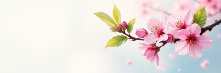 Obraz premium Soft watercolor painting, cherry blossom branch with gentle pink blooms and vibrant green leaves , vibrant, flora, flowers