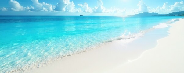 Obraz premium Sparkling clear water reflects bright sky, white sand softly curves , blue, texture