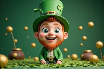 Cheerful Cartoon Leprechaun Character Celebrating St. Patrick's Day Surrounded by Shamrocks and Gold Coins in a Vibrant Green Setting