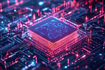 Obraz premium A sci-fi concept of a self-learning AI chip on a high-tech circuit board, surrounded by flowing data streams.