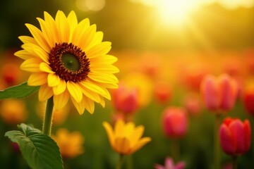 Sun-drenched sunflowers & vibrant tulips, autumnal hues , stock photo, retro