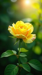Sunlit yellow rose in full bloom, lush green foliage overhead , golden, garden