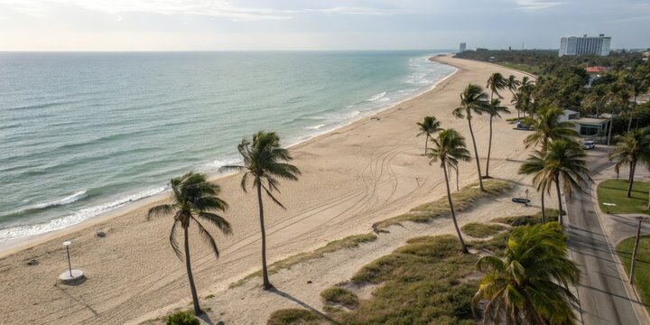 Overhead shot of a sandy beach with palm trees and calm ocean waters, palm, sunny day, beach