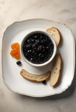 Overhead view of a luxurious caviar and black bread dish, served on a fine china plate, gourmet sandwich, fine china, luxury food