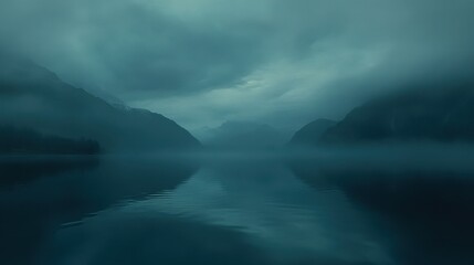 Obraz premium Mysterious Foggy Lake at Dawn with Mountains and Dark Clouds
