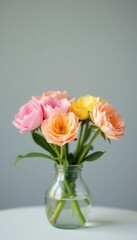 Fototapeta premium Tiny vase, pastel pink & yellow flowers against grey backdrop , table, closeup, pretty