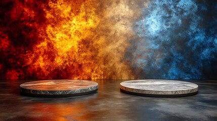 Obraz premium Fiery blue contrasting light illuminates elegant marble podiums. AI Generated