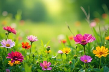 Obraz premium Vibrant wildflowers in a lush meadow, summer bloom, spring, wildflower background, wallpaper