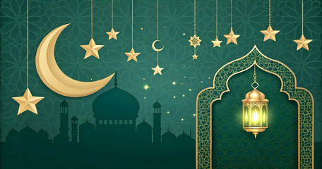 A wide Ramadan-themed background with a very large empty space in the center for text or design.