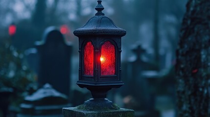 Red-lit lantern in a cemetery at dusk, ornate metal with textured glass. Perfect for themes of remembrance, mystery, or somber reflection.