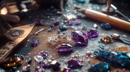 Sparkling Gems and Jewelry Tools on a Craft Table in Studio