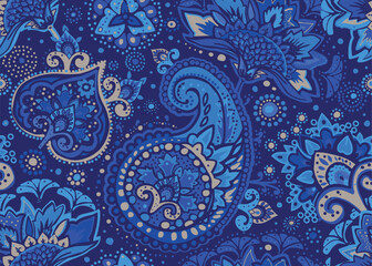 Seamless paisley pattern in Oriental style with floral and ethnic motifs for printed fabric, wallpaper, and packaging