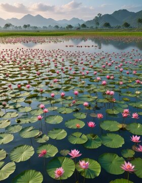 Paddy fields with a lot of water and lotus flowers floating on the surface, agricultural land, water lilies, farm field
