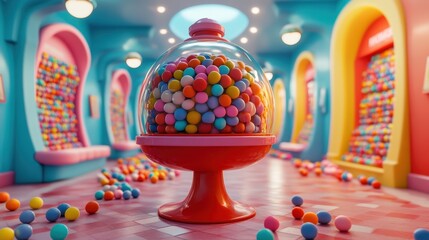 Fototapeta premium Gumball machine filled with colorful gumballs sits in a vibrant candy-themed room. Perfect for illustrating themes of fun, childhood, and sugary treats.