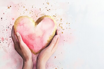 Fototapeta premium A dreamy watercolor depiction of hands holding a glowing heart, with soft pink and golden hues creating an ethereal atmosphere