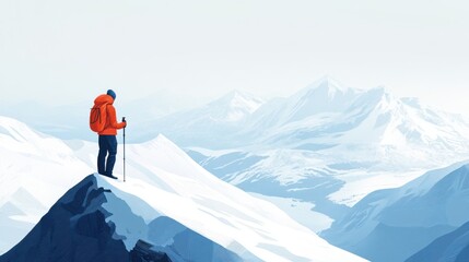 A lone hiker standing at the peak, looking over a snowy