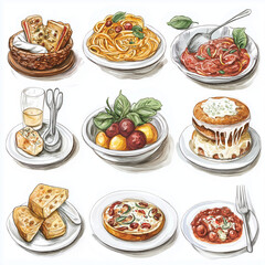 food, collage, meal, salad, tomato, cake, dinner, plate, meat, fresh, set, healthy, dish, cheese, restaurant, cuisine, lunch, gourmet, breakfast, vegetable, fruit, dessert, collection, diet, pizza, br