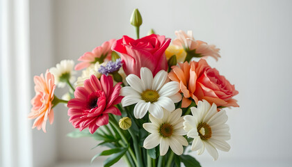 Bouquet of beautiful spring flowers on pastel blue table top view. Greeting card for International Women Day. Flat lay.