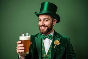 Dapper Young Man Celebrating St. Patrick's Day in a Green Suit and Top Hat, Holding a Pint of Beer Against a Vibrant Green Background