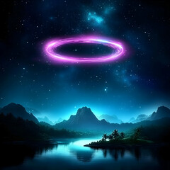 Abstract Glowing Ring Above Mountain Lake Under Starry Night Sky