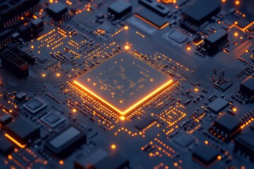 A high-tech AI chip on a motherboard with intricate digital circuits, representing advanced computing capabilities in the field of artificial intelligence.