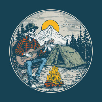 Skeleton camping vintage music illustration