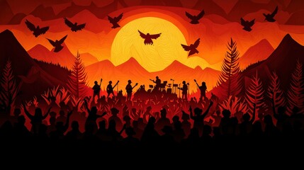 Silhouetted Crowd Against Vibrant Sunset Sky Evoking Feelings of Unity