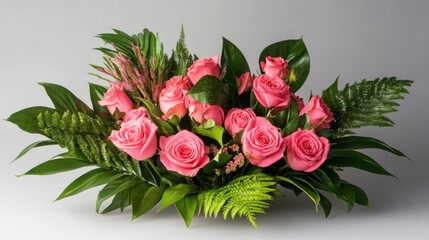 A vibrant display of pink roses with lush green leaves,