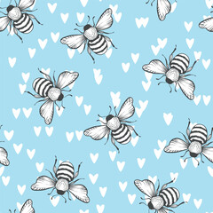 Seamless pattern with bees on color background. Small wasp. Vector illustration. Adorable cartoon character. Template design for invitation, cards, textile, fabric. Doodle style.