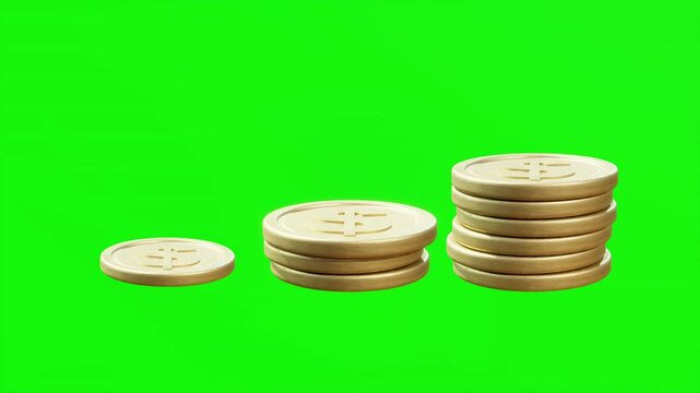 3D animation of stacked gold coins on a solid green background. Ideal for finance, banking, cryptocurrency, and wealth-related content. Perfect for seamless integration into various media 