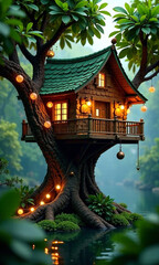 Enchanting treehouse retreat nestled among vibrant foliage, featuring cozy hammocks and twinkling fairy lights, evoking a whimsical escape into nature.