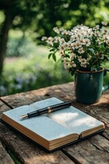 Cuaderno abierto con pluma estilográfica sobre mesa rústica de madera, junto a una taza con flores blancas en un jardín soleado