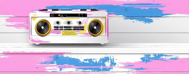Stylish Retro Boombox on Colorful Abstract Background with Vibrant Pink and Blue Stripes