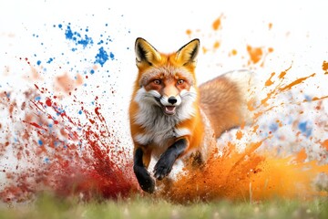 Fototapeta premium Majestic red fox in motion enchanted forest wildlife photography colorful environment ground level midjourney concept