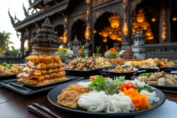 Fototapeta premium A gothic depiction of a traditional Thai feast in a dimly lit temple, with shadowy details highlighting the ornate tableware and vibrant dishes