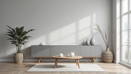 Modern Minimalist Living Room with Greenery and Neutral Decor