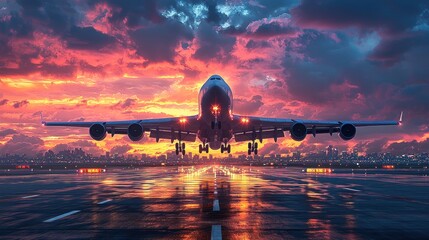 Majestic Airplane Landing at Sunset: A Breathtaking View