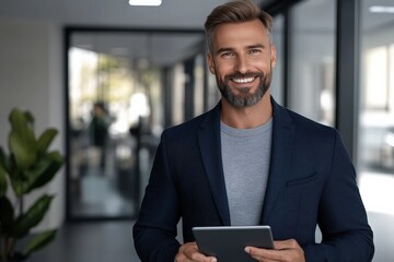 Fototapeta premium Man with beard in dark blue attire modern office portrait professional environment confident viewpoint midjourney concept