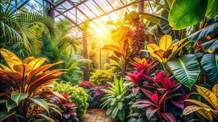 Obraz premium lush indoor garden filled with vibrant tropical plants, sunlight streaming through glass panels, creating warm and inviting atmosphere