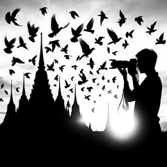 Photograph and photo camera on street, Isolated silhouettes of people on white background..