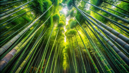Lush bamboo forest with tall green stalks reaching towards sky, creating serene and tranquil atmosphere. Sunlight filters through leaves, enhancing vibrant greenery