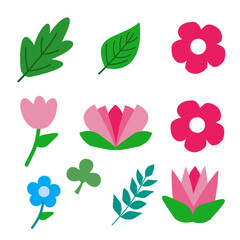 vector set icon of flowers and leaf pink tulips, daisy, lotus and various of green leaves shape